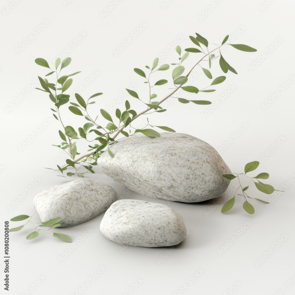 Poster serene composition of smooth rocks and soft-edged leaves in 3d rendering isolated illustration