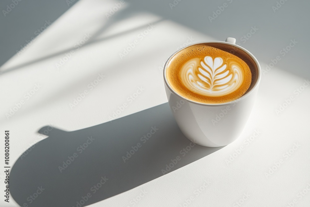 Poster a beautifully crafted latte with a leaf design, resting on a minimalist surface.