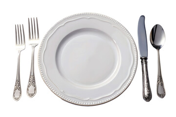 Empty plate with spoon fork knife on white background, isolated cut out PNG download, silverware...
