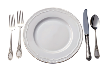 Empty plate with spoon fork knife on white background, isolated cut out PNG download, silverware dining tableware set, 2025 shiny stainless steel cutlery kitchen photo, restaurant simplicity flatware