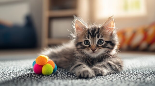 Cute tabby kitten with bright eyes lying on a blanket, playfully interacting with a colorful toy.