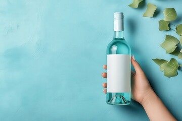 A hand holds a pastel blue wine bottle with a blank label, set against a vibrant blue background with green leaves, creating an appealing visual for branding and advertising.
