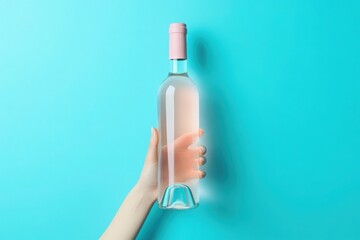 A hand gracefully holds a bottle of wine featuring a sleek design and a pastel blue label. The bottle is capped with a soft pink closure, creating an elegant contrast against the background.