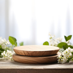 A composition of a wooden stand and flowers on a white background.