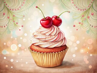 Hand-Drawn Portrait of a Delicious Cupcake with Cherry on Top, Perfect for Baking and Dessert Themed Projects, Illustrations, and Culinary Art Representations in Stock Photography