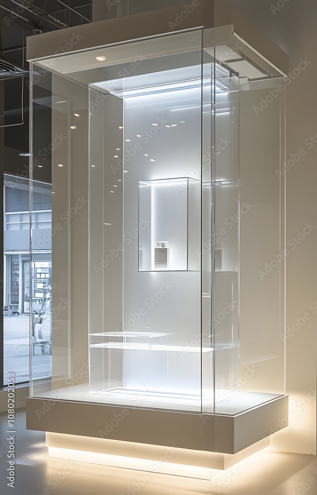 Poster 53. a clean 3d display with floating transparent surfaces, ambient light, and space for a product in