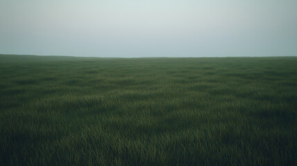 Fototapeta premium A vast, open field at twilight with long grasses swaying gently and illuminated by the last traces of daylight, surrounded by a thin veil of fog.