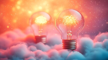 Two glowing light bulbs in a cloud with a bokeh background.