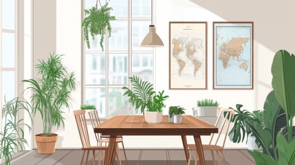 Obraz premium Stylish and botany interior of dining room with design modern home decor. Template.