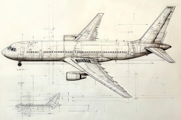 This detailed technical sketch illustrates a commercial aircraft with precise measurements and design elements. It highlights the structure and engineering of the plane.
