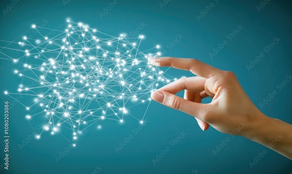 Poster a hand interacting with a network of glowing connections, symbolizing technology and innovation.