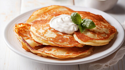 Fried pancakes with sour cream on a plate 