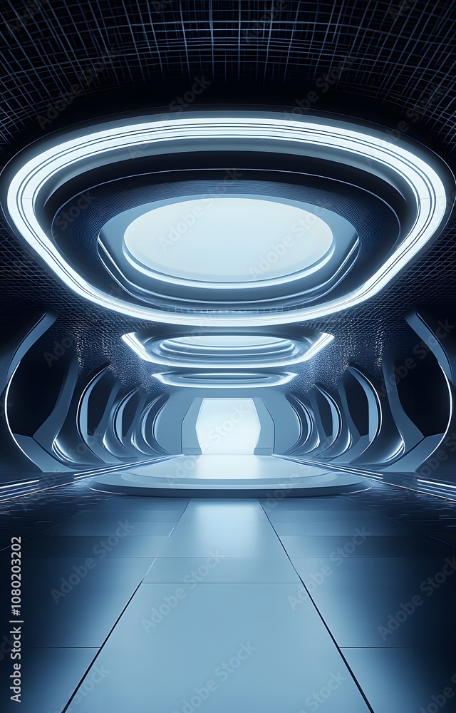 Poster 55. a futuristic 3d setting with dynamic lighting, abstract shapes, and a central empty space for sh