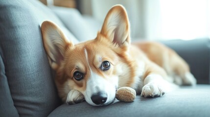 A relaxed corgi lying on a couch, looking curiously at the camera.