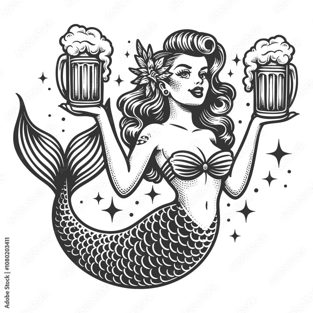 Poster mermaid with two large beer mugs sketch engraving generative ai fictional character vector illustrat