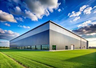 Obraz premium Industrial Warehouse Hangar for Storage: A Vast Landscape Showcasing Modern Architecture and Expansive Open Spaces Under a Clear Blue Sky