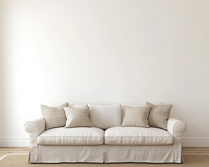 Naklejka premium Plain White Wall with Soft Beige Loveseat and Natural Accents for a Cozy Living Area