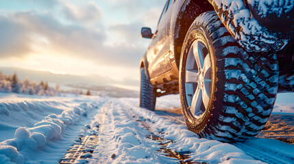 Winter tire. SUV car on snow road. Tires on snowy highway detail. close up view. Space for text. The concept of family travel to a ski resort. Winter or spring holidays adventures