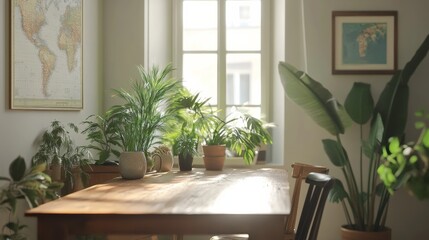 Fototapeta premium Stylish and botany interior of dining room with design modern home decor. Template.
