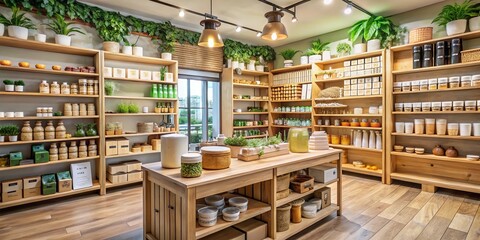 Interior Details of a Zero Waste Store Featuring Eco-Friendly Groceries and Sustainable Toiletries on Wooden Shelves for Green Consumerism in Neighborhood Shops
