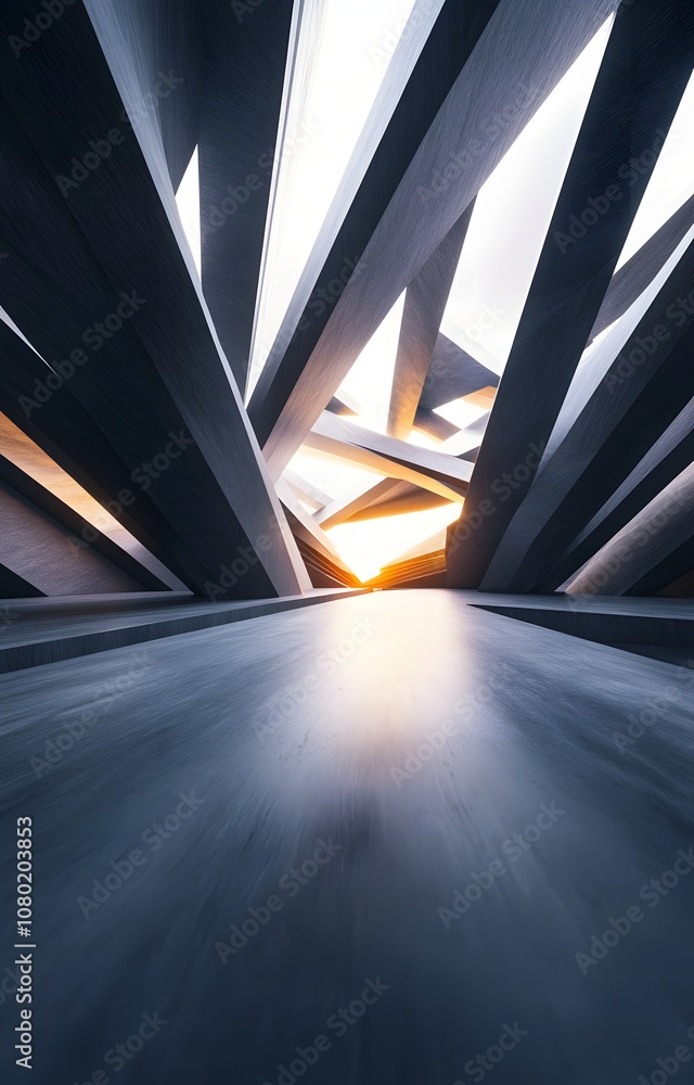Poster 55. a futuristic 3d setting with dynamic lighting, abstract shapes, and a central empty space for sh