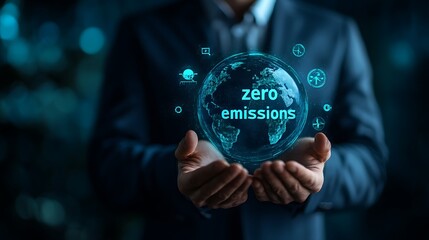 Technology hologram net zero, A businessman holding in his hands the globe