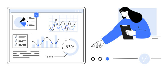 Businesswoman in blue analyzing charts, graphs, and data analytics on a digital interface. Ideal for business analysis, data visualization, project management, financial reports, teamwork, corporate