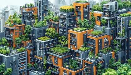 Obraz premium Urban Farming Integrated with Smart City, rooftop or vertical farms integrated with city infrastructure, where sensors track water, sunlight,
