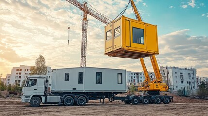 Crane trucks ensure timely installation of portable offices at construction area locations.