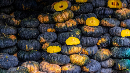 Wall of pumpkins at the market, Thailand