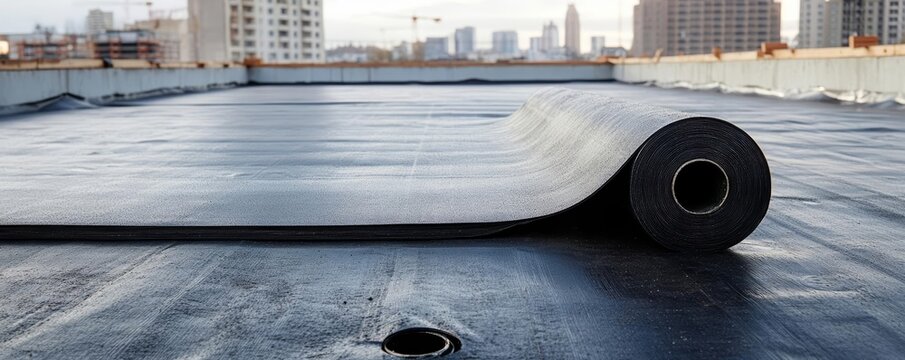 Ethylene Propylene Diene Terpolymer roll on rooftop, urban construction, sustainable building material in use