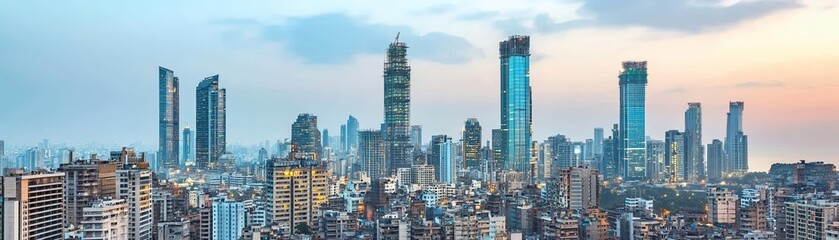 Fototapeta premium Mumbai city skyline, blend of iconic heritage structures and modern skyscrapers, illuminated by evening light