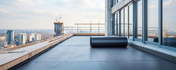 Roll of EPDM roofing material on a modern flat rooftop, construction background, durable building solutions