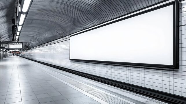 Modern Parisian subway station with large empty billboard, tiled background, urban transportation hub