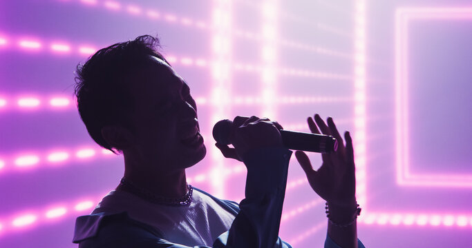 Pop Concert with a Romantic Atmosphere: Young Talented Musician Performing Live on Stage in Front of Screen with Pink Visual Effects. Creative Cinematic Footage with Singer's Silhouette