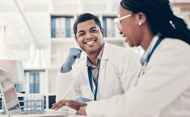 Scientist, staff and talk in lab for research for vaccine and disease analysis with collaboration...