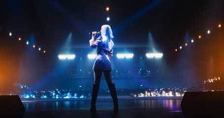 Music Contest: Back View of a Pop Music Artist Performing a Hit Song on Stage in Front of a...
