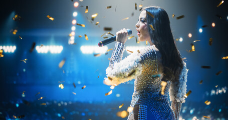 Music Contest: Beautiful Pop Music Artist Performing a Hit Song on Stage in Front of a the Camera....