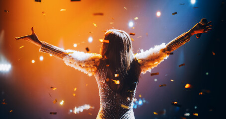 Female Singer Performing in a Striking Silver Costume. Spectacular Concert with a Talented Pop...