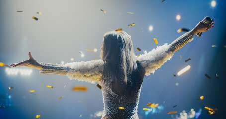 Female Singer Performing in a Striking Silver Costume. Spectacular Concert with a Talented Pop...