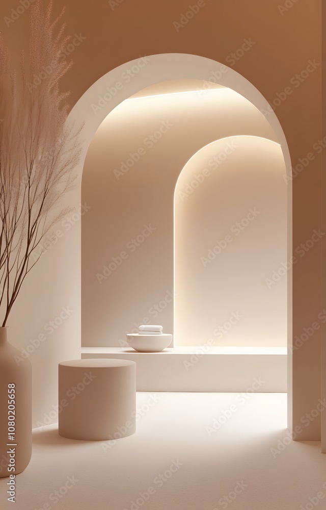 Poster 58. a minimalist 3d environment with soft curves and subtle lighting, leaving an open space for show