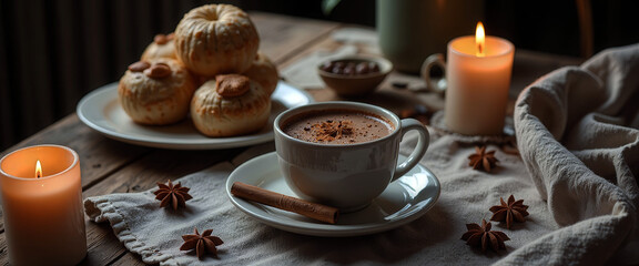 Fototapeta premium A table with a white plate of pastries and a white coffee cup with a cinnamon stick in it. The table is lit by candles and there are two cups of coffee