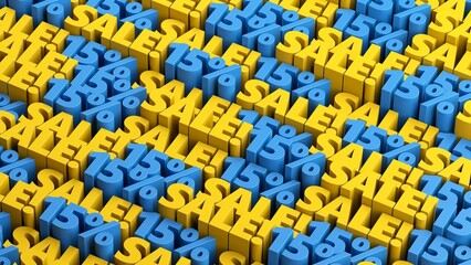 Obraz premium Blue and yellow 15% off sale offer background. 10 to 90 percent discount sale signs in a rows for flash sale, cyber week, mega sale, black friday, black week advertising and discount promotion offer.