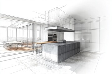 A detailed technical sketch showcasing a contemporary kitchen layout with a central island, sleek cabinetry, and an open dining space illuminated by natural light, ideal for modern living.