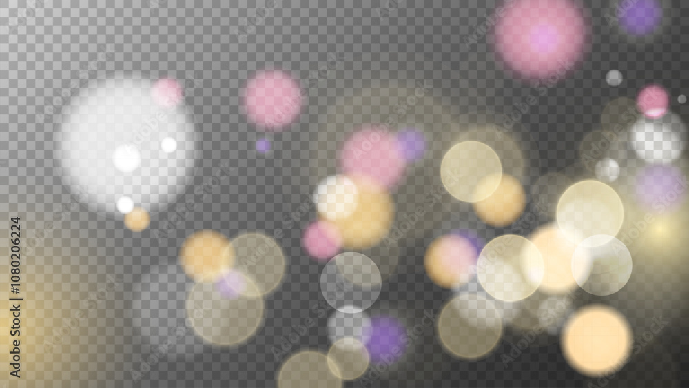 Poster vibrant bokeh lights. abstract blurred overlay design. transparent background. bright blur light eff