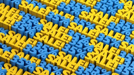 Blue and yellow 35% off sale offer background. 10 to 90 percent discount sale signs in a rows for flash sale, cyber week, mega sale, black friday, black week advertising and discount promotion offer.