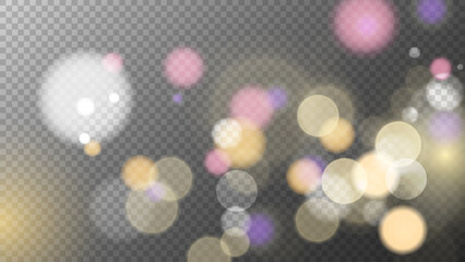 Vibrant bokeh lights. Abstract blurred overlay design. Transparent background. Bright blur light effect.  Vector illustration. © FineVector