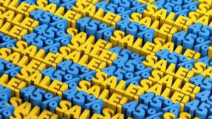 Blue and yellow 45% off sale offer background. 10 to 90 percent discount sale signs in a rows for flash sale, cyber week, mega sale, black friday, black week advertising and discount promotion offer.
