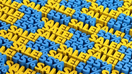 Blue and yellow 55% off sale offer background. 10 to 90 percent discount sale signs in a rows for flash sale, cyber week, mega sale, black friday, black week advertising and discount promotion offer.