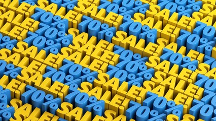 Blue and yellow 70% off sale offer background. 10 to 90 percent discount sale signs in a rows for flash sale, cyber week, mega sale, black friday, black week advertising and discount promotion offer.